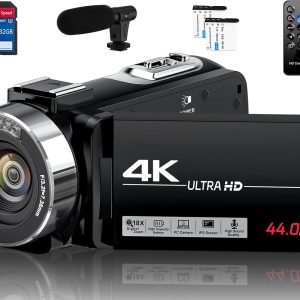Camcorder Video Camera 4K Ultra 44MP Vlogging Camera for YouTube 18X Digital Zoom Camcorder 3.0" IPS Screen Video Recorder with External Mic, Controller, 2 Batteries and 32G SD Card