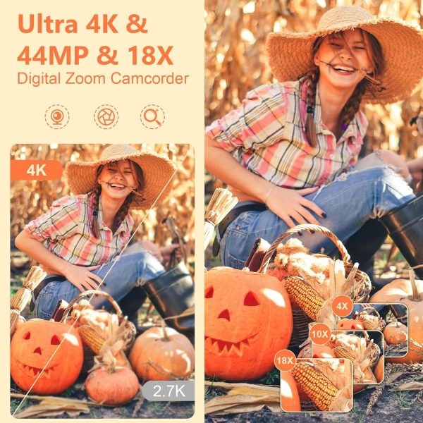 Camcorder Video Camera 4K Ultra 44MP Vlogging Camera for YouTube 18X Digital Zoom Camcorder 3.0" IPS Screen Video Recorder with External Mic, Controller, 2 Batteries and 32G SD Card - Image 2