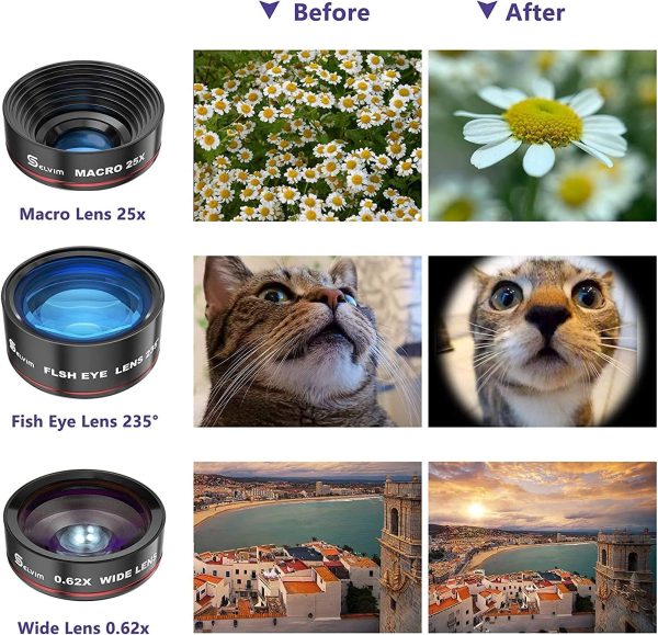 Selvim Phone Camera Lens Phone Lens Kit 4 in 1, 22X Telephoto Lens, 235° Fisheye Lens, 0.62X Wide Angle Lens, 25X Macro Lens, Compatible with iOS iPhone 10 8 7 6 6s Plus X XS XR Android Samsung -Black - Image 3