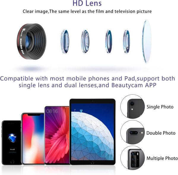 Selvim Phone Camera Lens Phone Lens Kit 4 in 1, 22X Telephoto Lens, 235° Fisheye Lens, 0.62X Wide Angle Lens, 25X Macro Lens, Compatible with iOS iPhone 10 8 7 6 6s Plus X XS XR Android Samsung -Black - Image 4