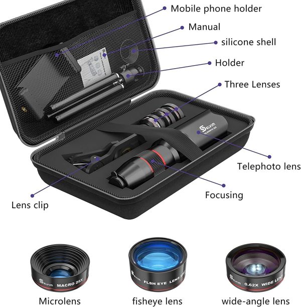 Selvim Phone Camera Lens Phone Lens Kit 4 in 1, 22X Telephoto Lens, 235° Fisheye Lens, 0.62X Wide Angle Lens, 25X Macro Lens, Compatible with iOS iPhone 10 8 7 6 6s Plus X XS XR Android Samsung -Black - Image 5