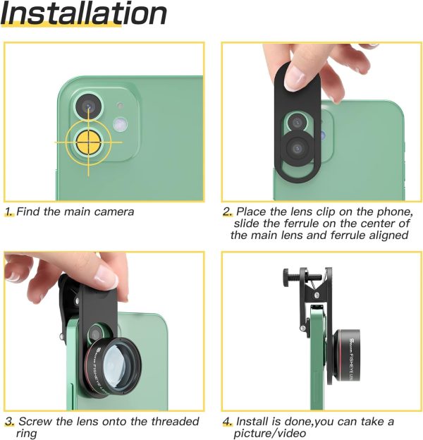 Selvim Phone Camera Lens Phone Lens Kit 4 in 1, 22X Telephoto Lens, 235° Fisheye Lens, 0.62X Wide Angle Lens, 25X Macro Lens, Compatible with iOS iPhone 10 8 7 6 6s Plus X XS XR Android Samsung -Black - Image 7