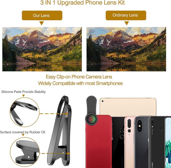 Upgraded 3 in 1 Phone Camera Lens kit-198° Fisheye Lens + Macro Lens + 120° Wide Angle Lens,Clip on Cell Phone Lens Kit Compatible with iPhone Samsung Android Smartphones - Image 2