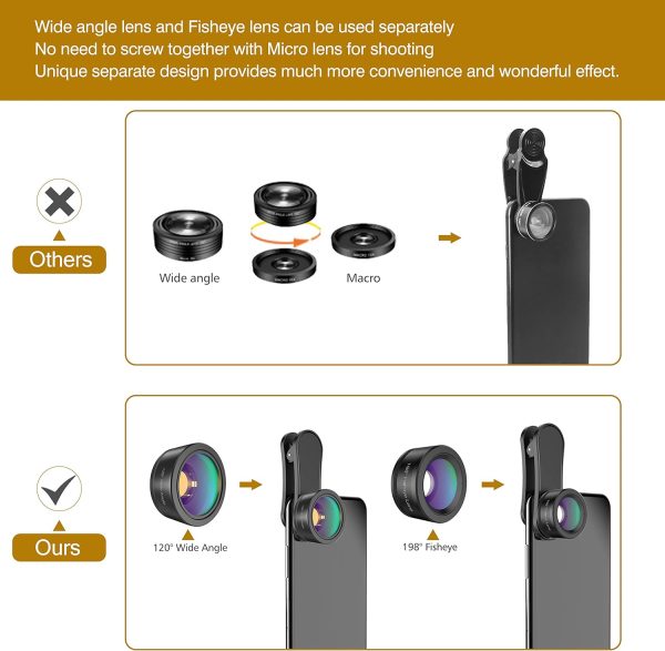 Upgraded 3 in 1 Phone Camera Lens kit-198° Fisheye Lens + Macro Lens + 120° Wide Angle Lens,Clip on Cell Phone Lens Kit Compatible with iPhone Samsung Android Smartphones - Image 3