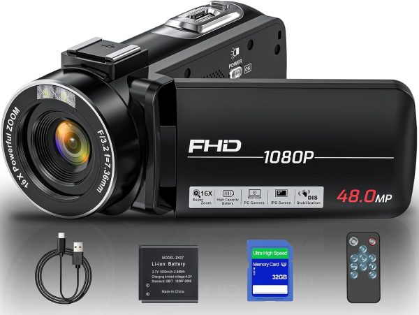 Video Camera Camcorder, Full HD 1080P Camcorder 48MP 16X Digital Video Camera for YouTube, 3.0 Inch IPS Screen Vlogging Camera Recorder with Remote Control, 32GB Card and Battery