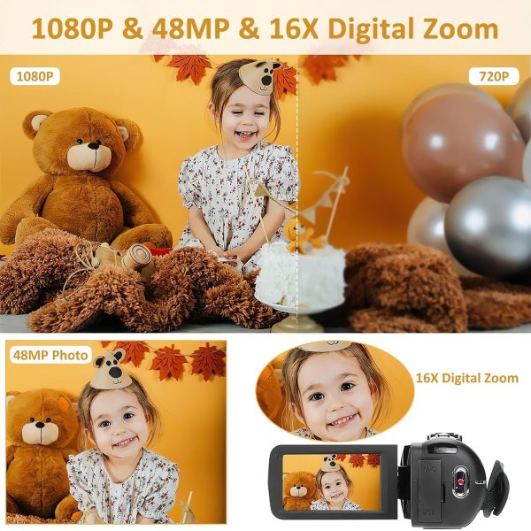 Video Camera Camcorder, Full HD 1080P Camcorder 48MP 16X Digital Video Camera for YouTube, 3.0 Inch IPS Screen Vlogging Camera Recorder with Remote Control, 32GB Card and Battery - Image 2